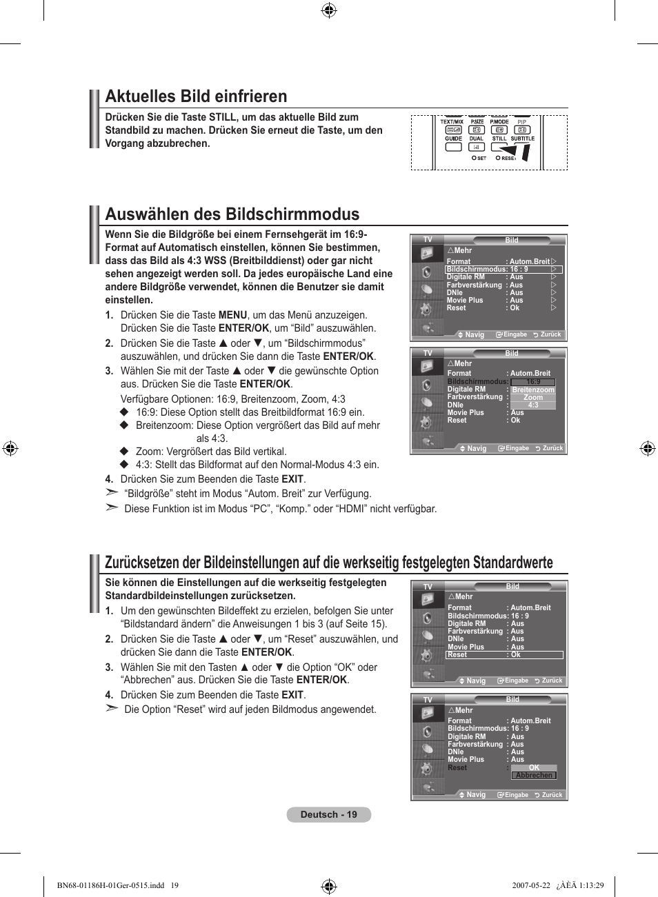 Aktuelles bild einfrieren, Auswählen des bildschirmmodus | Samsung LE32M87BD User Manual | Page 141 / 545