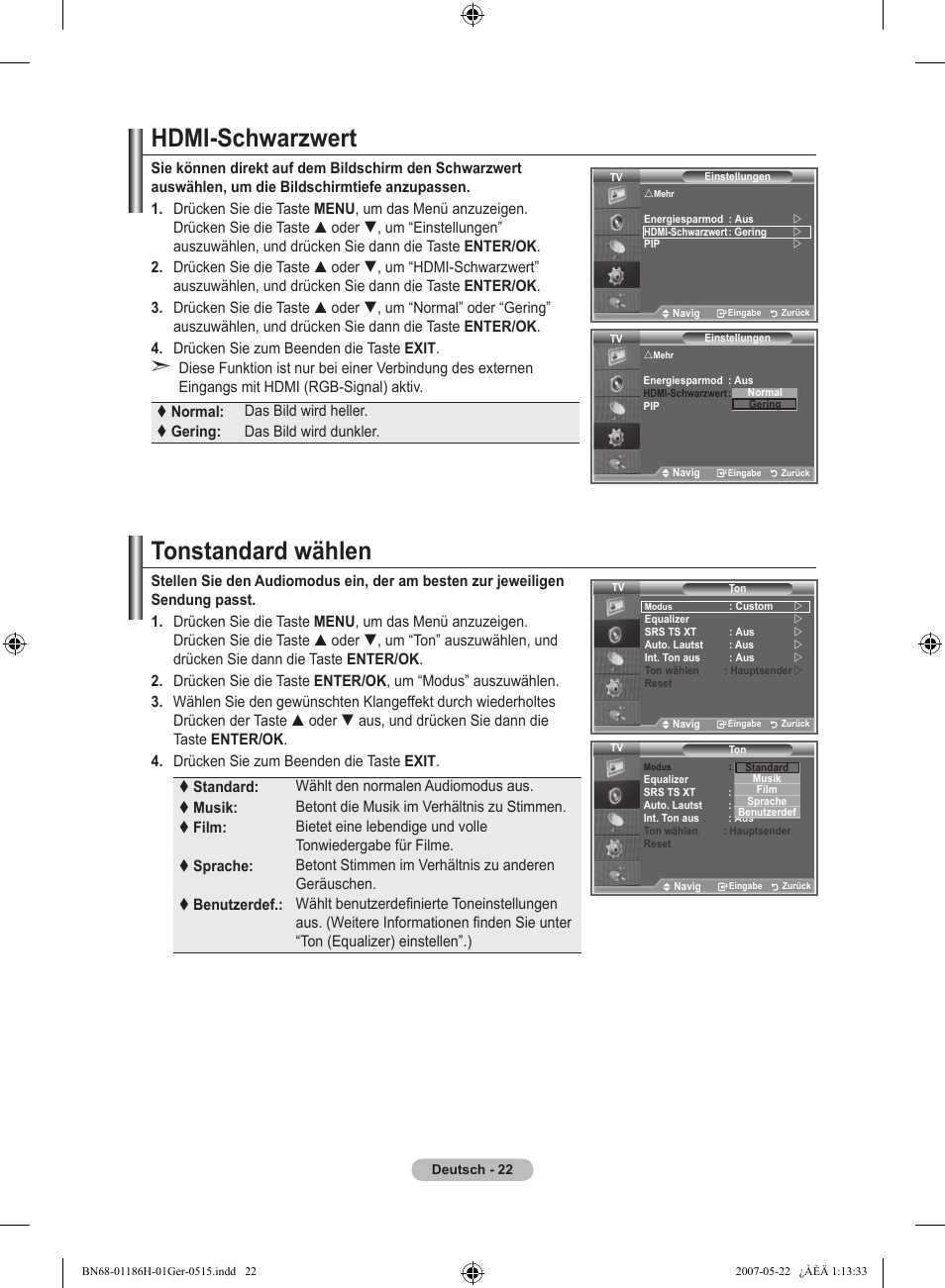 Hdmi-schwarzwert, Tonstandard wählen | Samsung LE32M87BD User Manual | Page 144 / 545