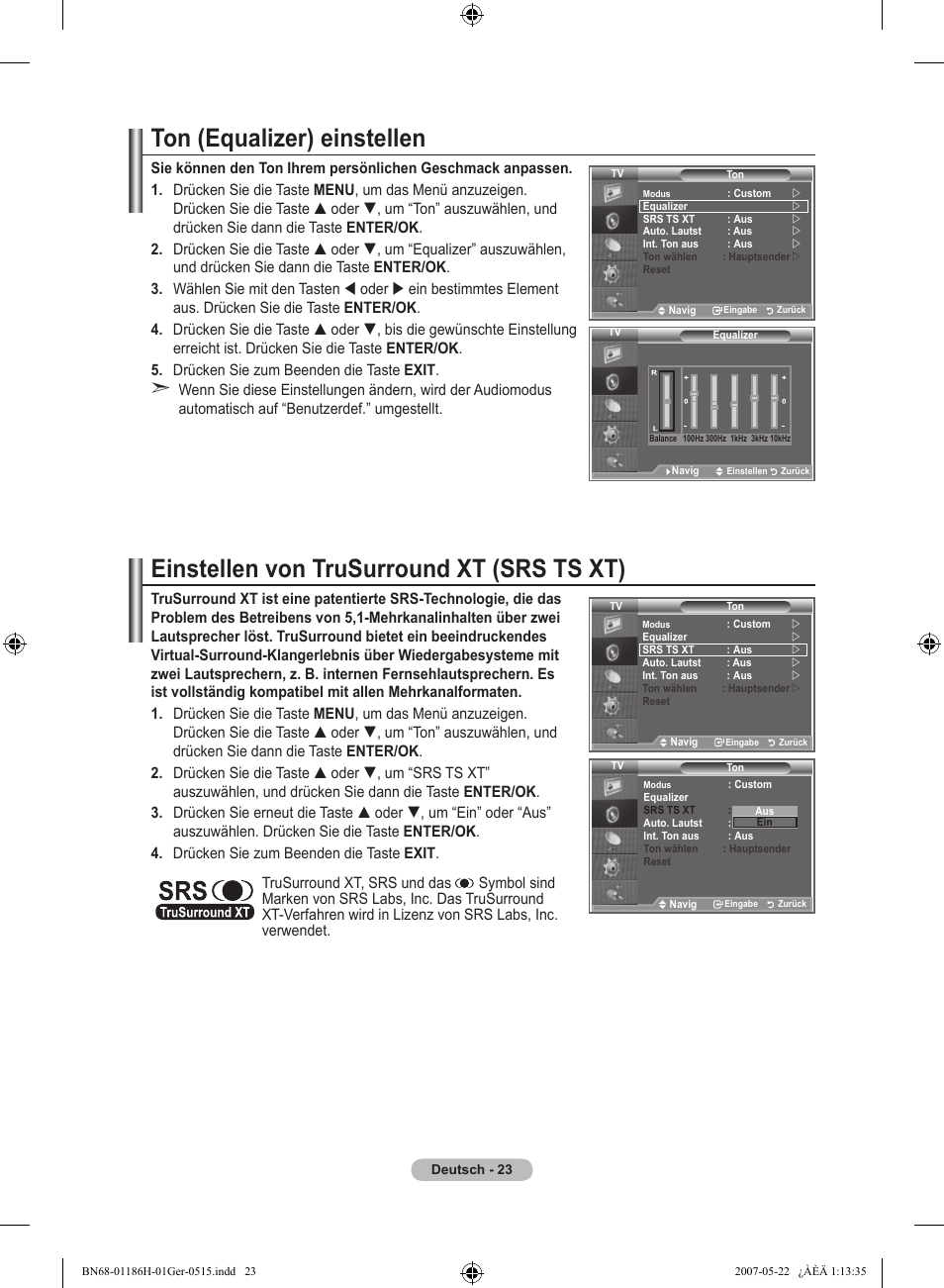 Ton (equalizer) einstellen, Einstellen von trusurround xt (srs ts xt) | Samsung LE32M87BD User Manual | Page 145 / 545