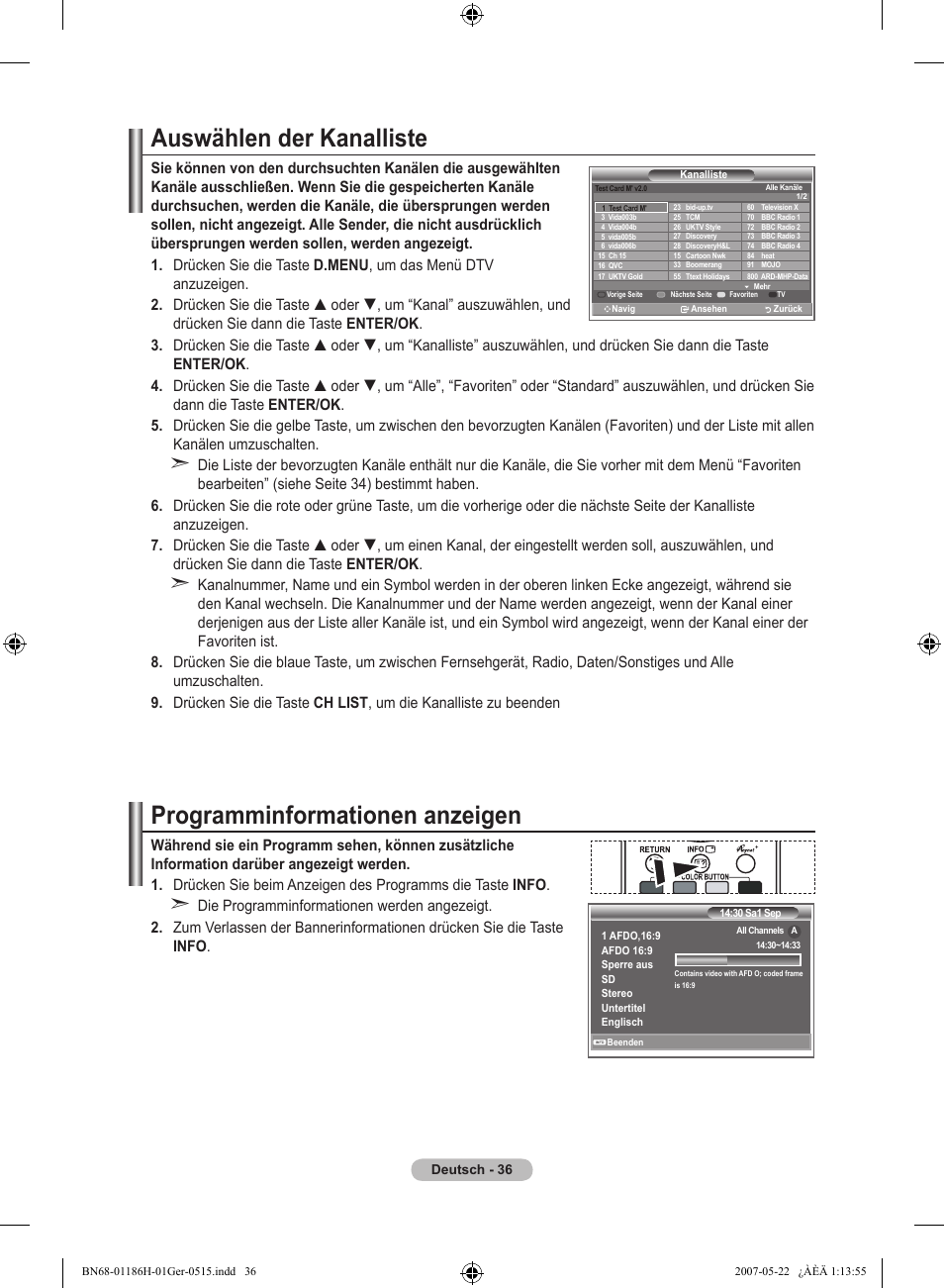 Auswählen der kanalliste, Programminformationen anzeigen | Samsung LE32M87BD User Manual | Page 158 / 545