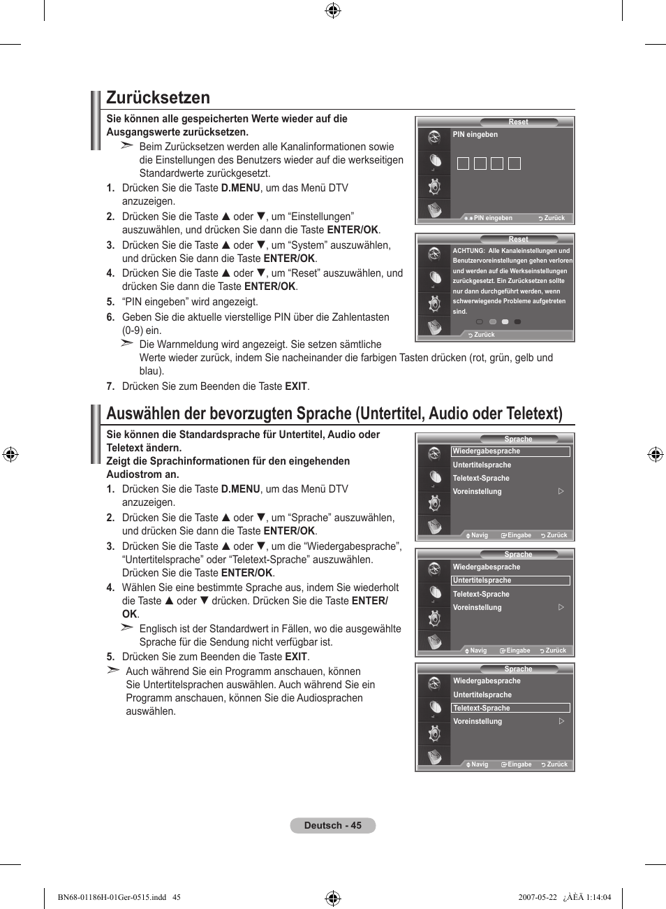 Zurücksetzen | Samsung LE32M87BD User Manual | Page 167 / 545