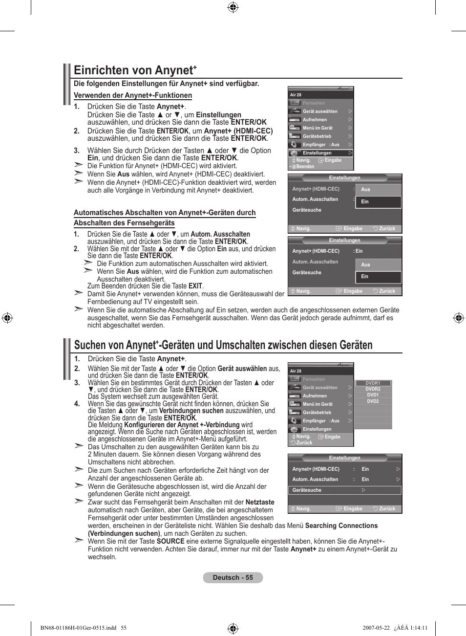 Einrichten von anynet, Suchen von anynet, Geräten und umschalten zwischen diesen geräten | Samsung LE32M87BD User Manual | Page 177 / 545