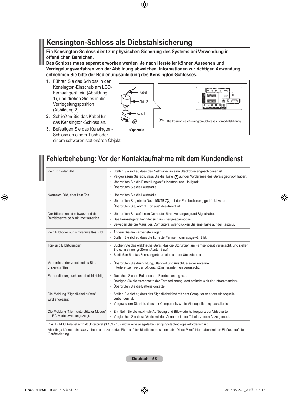 Kensington-schloss als diebstahlsicherung | Samsung LE32M87BD User Manual | Page 180 / 545