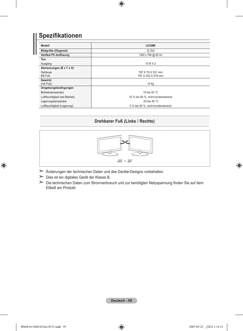 Spezifikationen, Drehbarer fuß (links / rechts) | Samsung LE32M87BD User Manual | Page 181 / 545