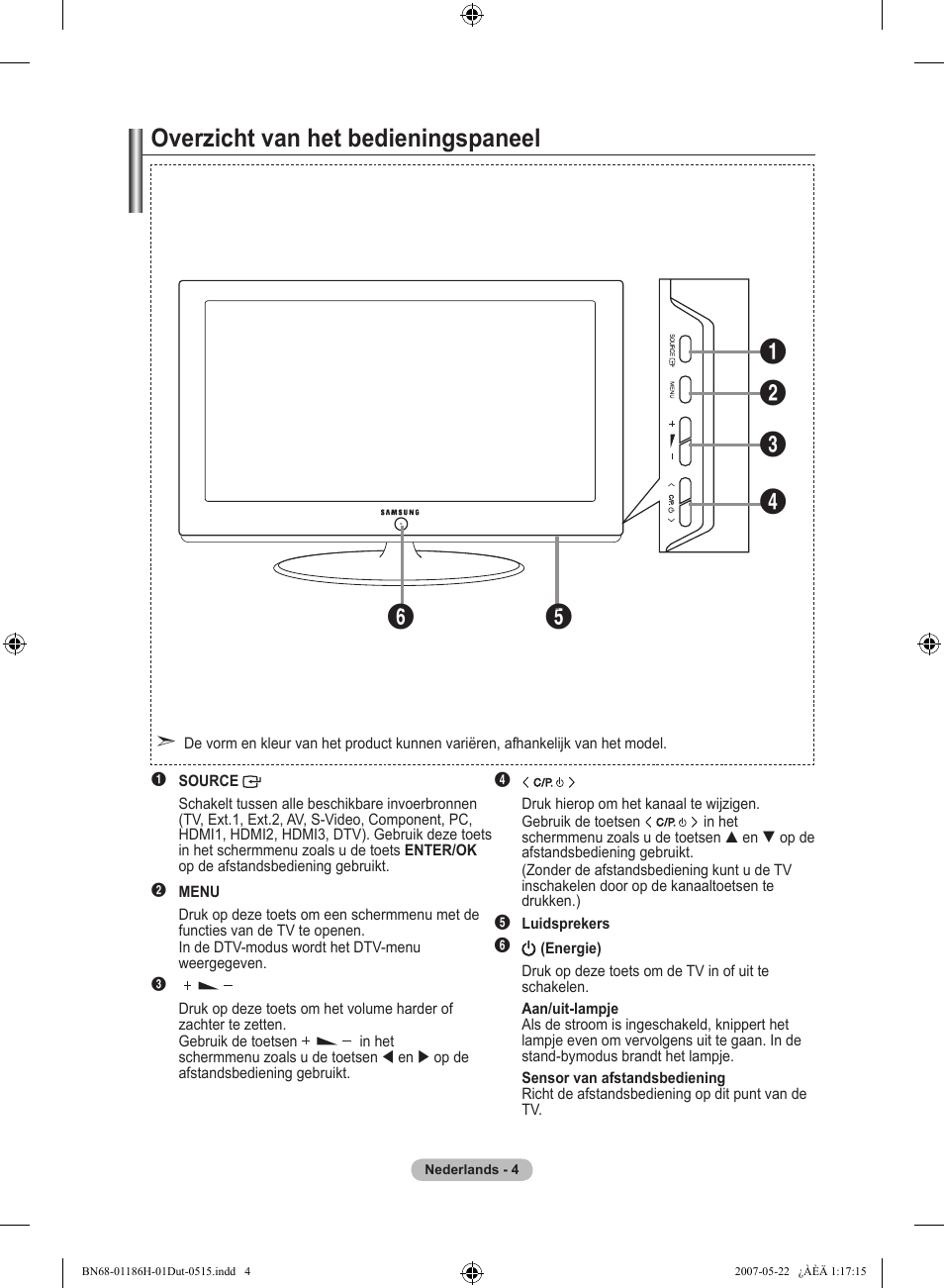 Overzicht van het bedieningspaneel | Samsung LE32M87BD User Manual | Page 186 / 545