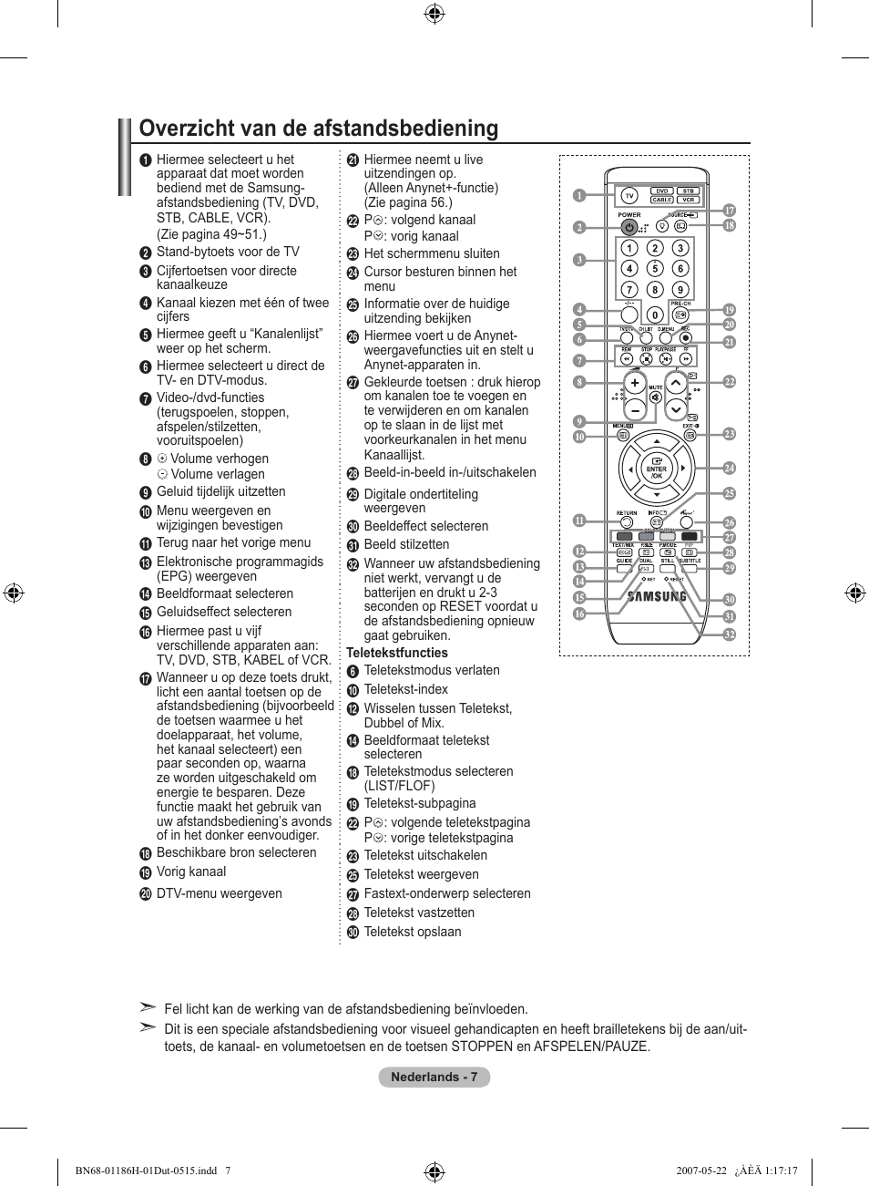 Overzicht van de afstandsbediening | Samsung LE32M87BD User Manual | Page 189 / 545