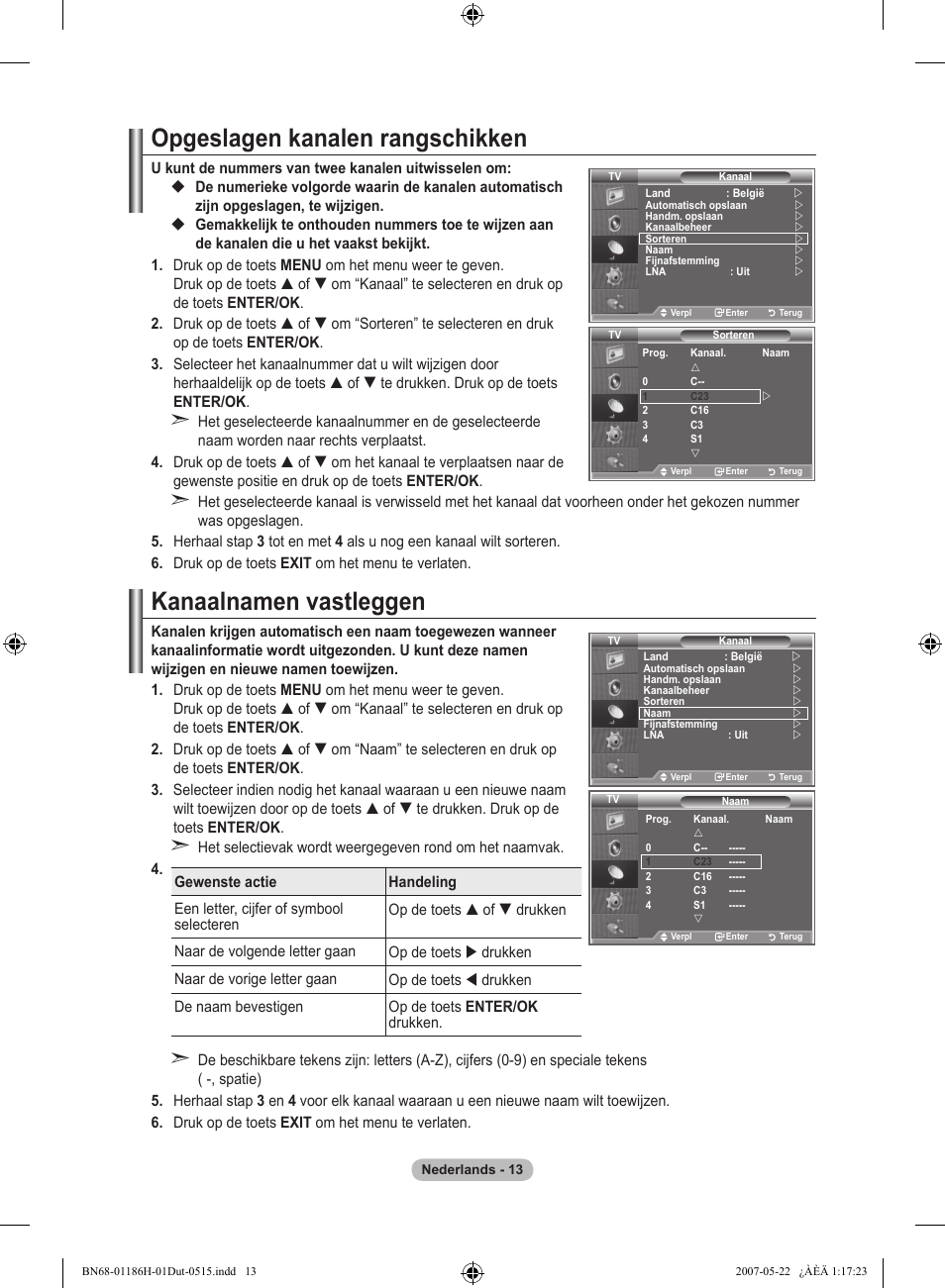 Opgeslagen kanalen rangschikken, Kanaalnamen vastleggen | Samsung LE32M87BD User Manual | Page 195 / 545