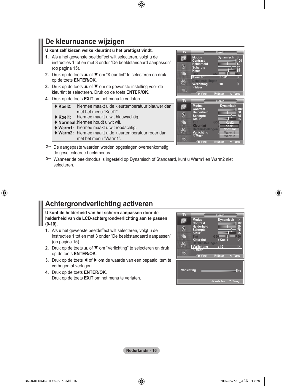 De kleurnuance wijzigen, Achtergrondverlichting activeren | Samsung LE32M87BD User Manual | Page 198 / 545