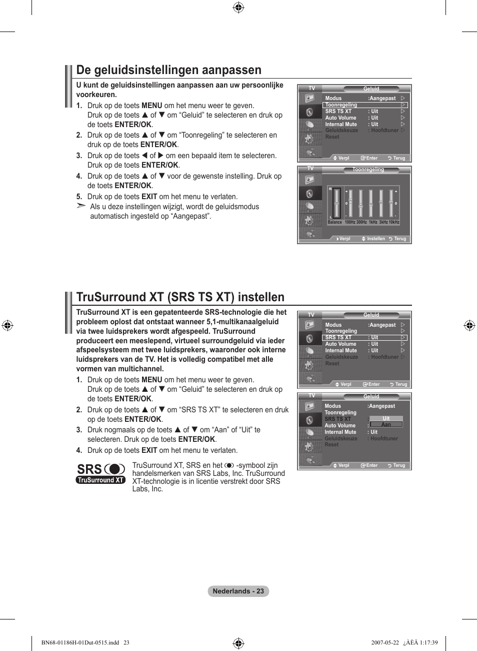 De geluidsinstellingen aanpassen, Trusurround xt (srs ts xt) instellen | Samsung LE32M87BD User Manual | Page 205 / 545