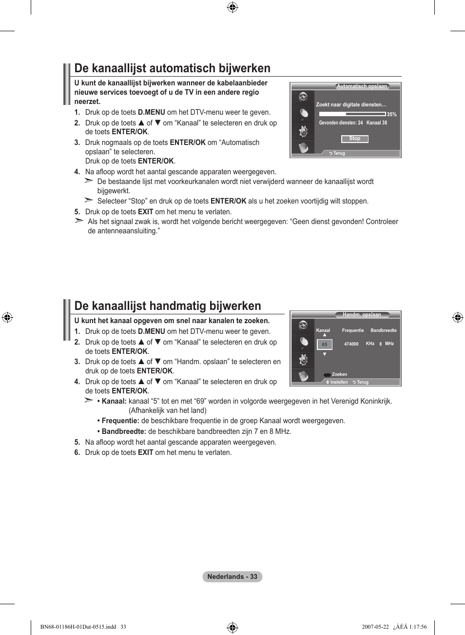 De kanaallijst automatisch bijwerken, De kanaallijst handmatig bijwerken | Samsung LE32M87BD User Manual | Page 215 / 545