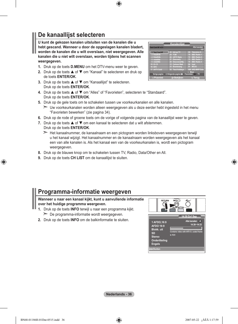 De kanaallijst selecteren, Programma-informatie weergeven | Samsung LE32M87BD User Manual | Page 218 / 545