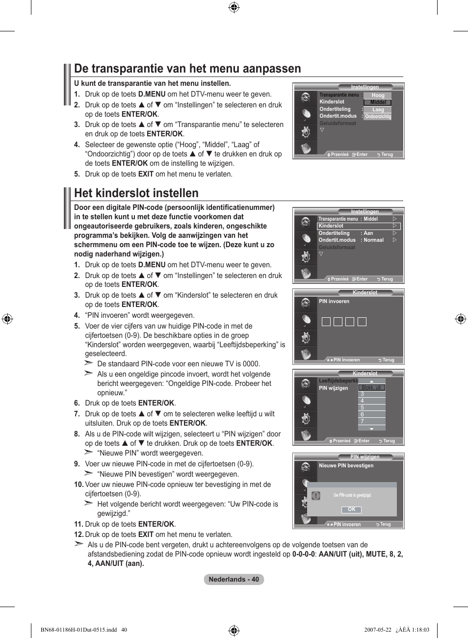 De transparantie van het menu aanpassen, Het kinderslot instellen | Samsung LE32M87BD User Manual | Page 222 / 545