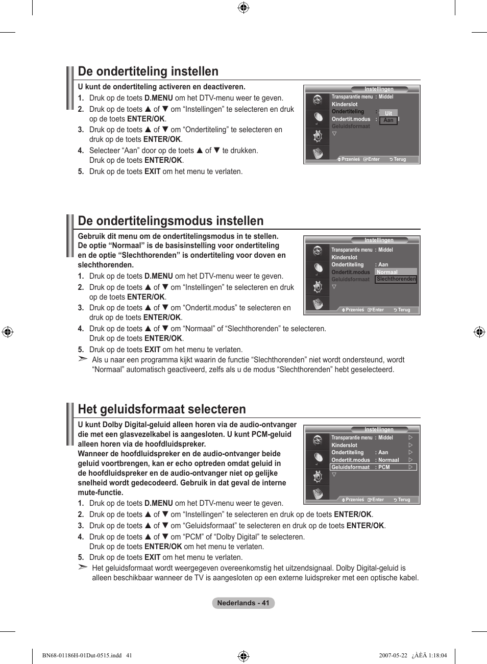 De ondertiteling instellen, De ondertitelingsmodus instellen, Het geluidsformaat selecteren | Samsung LE32M87BD User Manual | Page 223 / 545