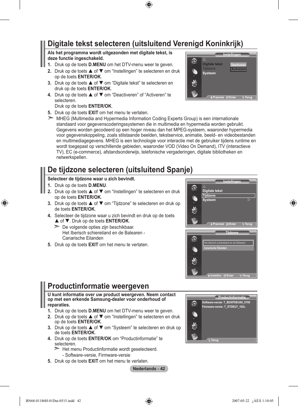 De tijdzone selecteren (uitsluitend spanje), Productinformatie weergeven | Samsung LE32M87BD User Manual | Page 224 / 545