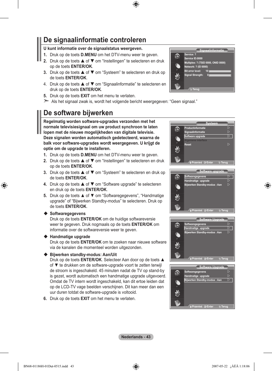 De signaalinformatie controleren, De software bijwerken | Samsung LE32M87BD User Manual | Page 225 / 545