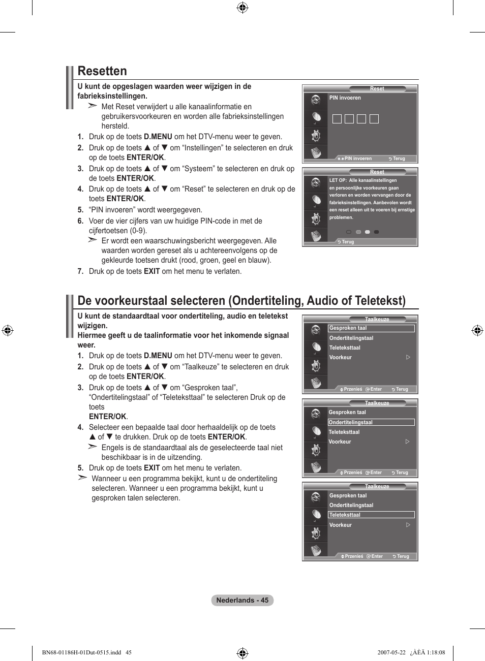 Resetten | Samsung LE32M87BD User Manual | Page 227 / 545