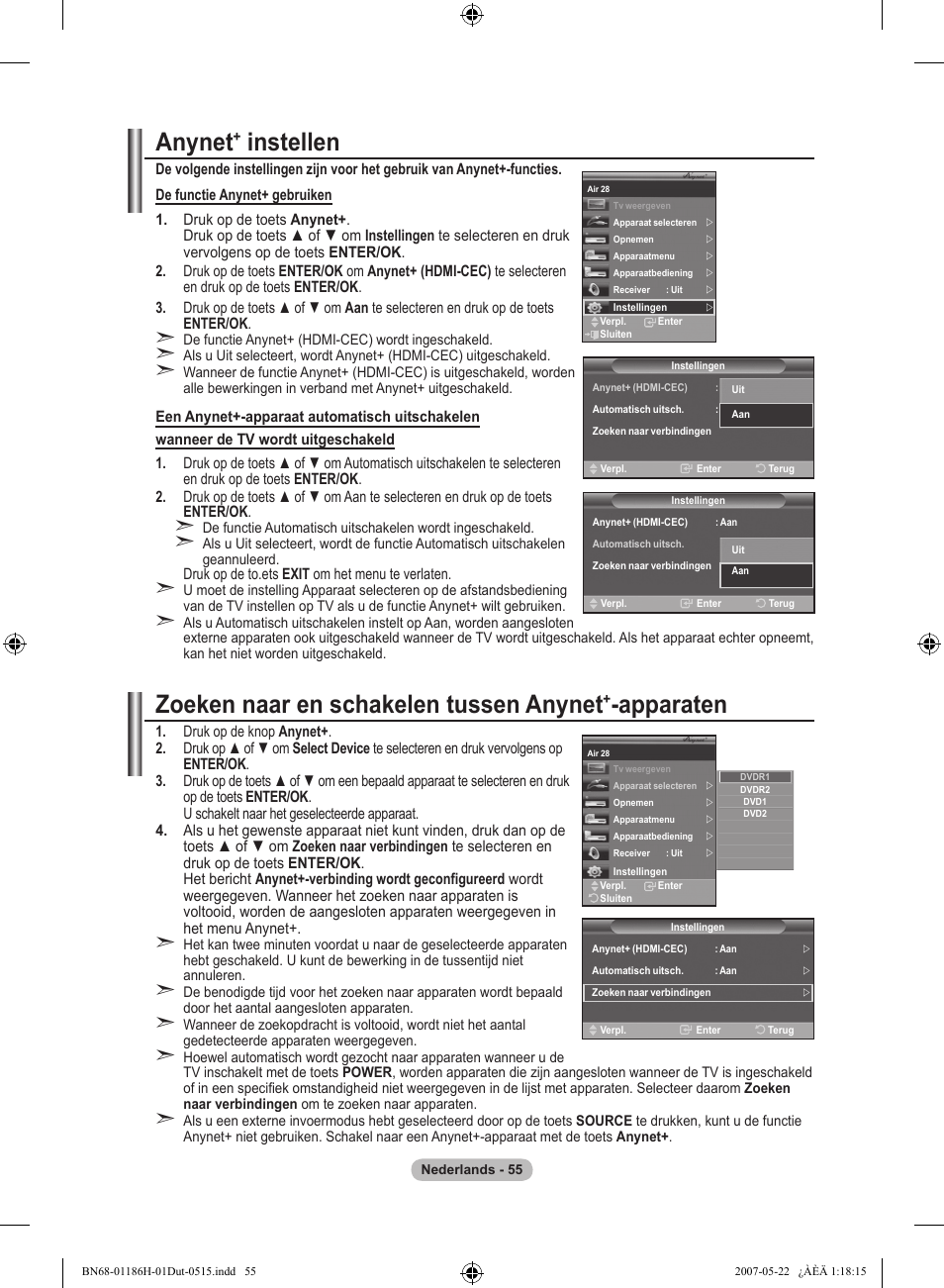 Anynet, Instellen, Zoeken naar en schakelen tussen anynet | Apparaten | Samsung LE32M87BD User Manual | Page 237 / 545