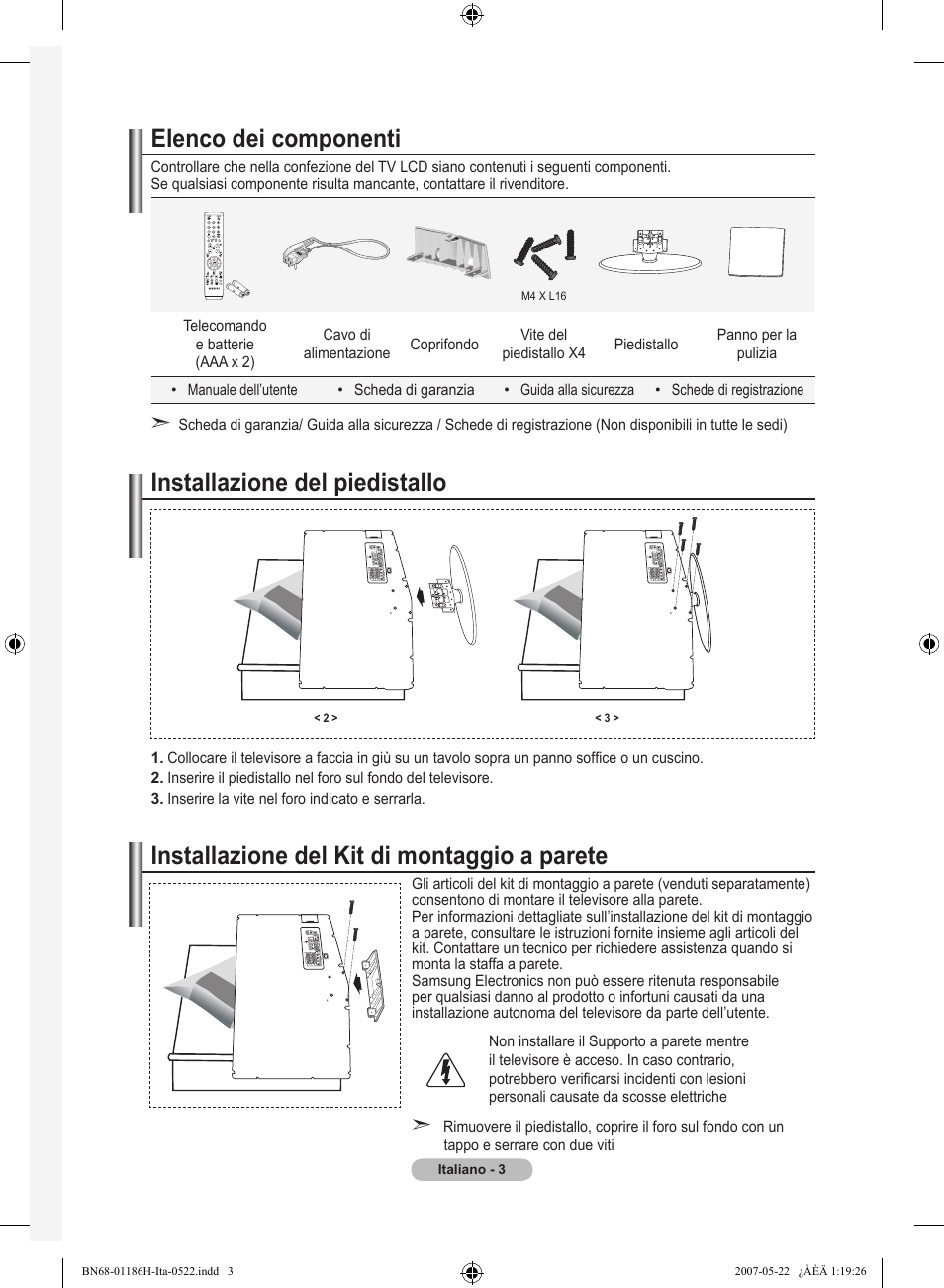 Elenco dei componenti, Installazione del piedistallo, Installazione del kit di montaggio a parete | Samsung LE32M87BD User Manual | Page 245 / 545