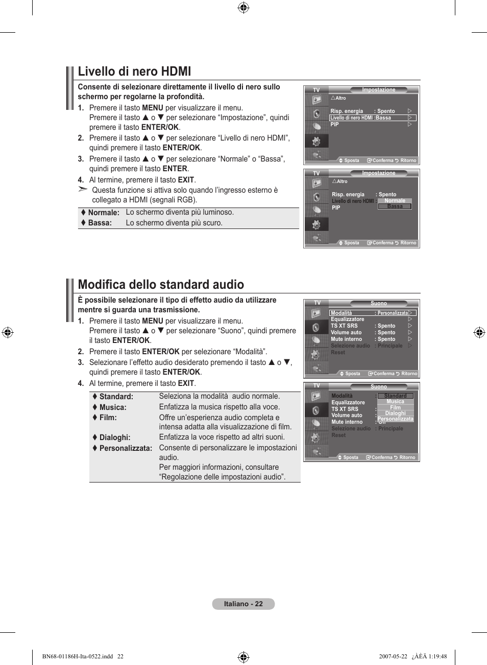 Livello di nero hdmi, Modifica dello standard audio | Samsung LE32M87BD User Manual | Page 264 / 545