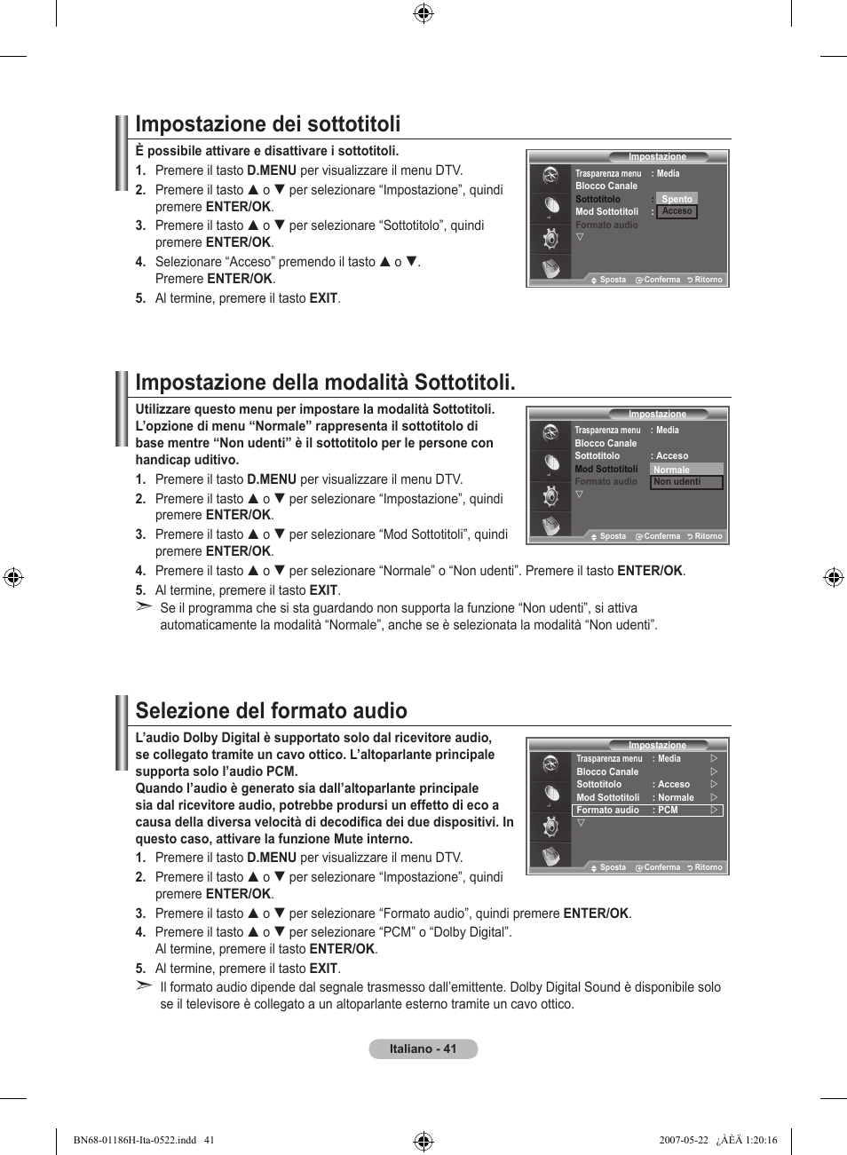 Impostazione dei sottotitoli, Impostazione della modalità sottotitoli, Selezione del formato audio | Samsung LE32M87BD User Manual | Page 283 / 545