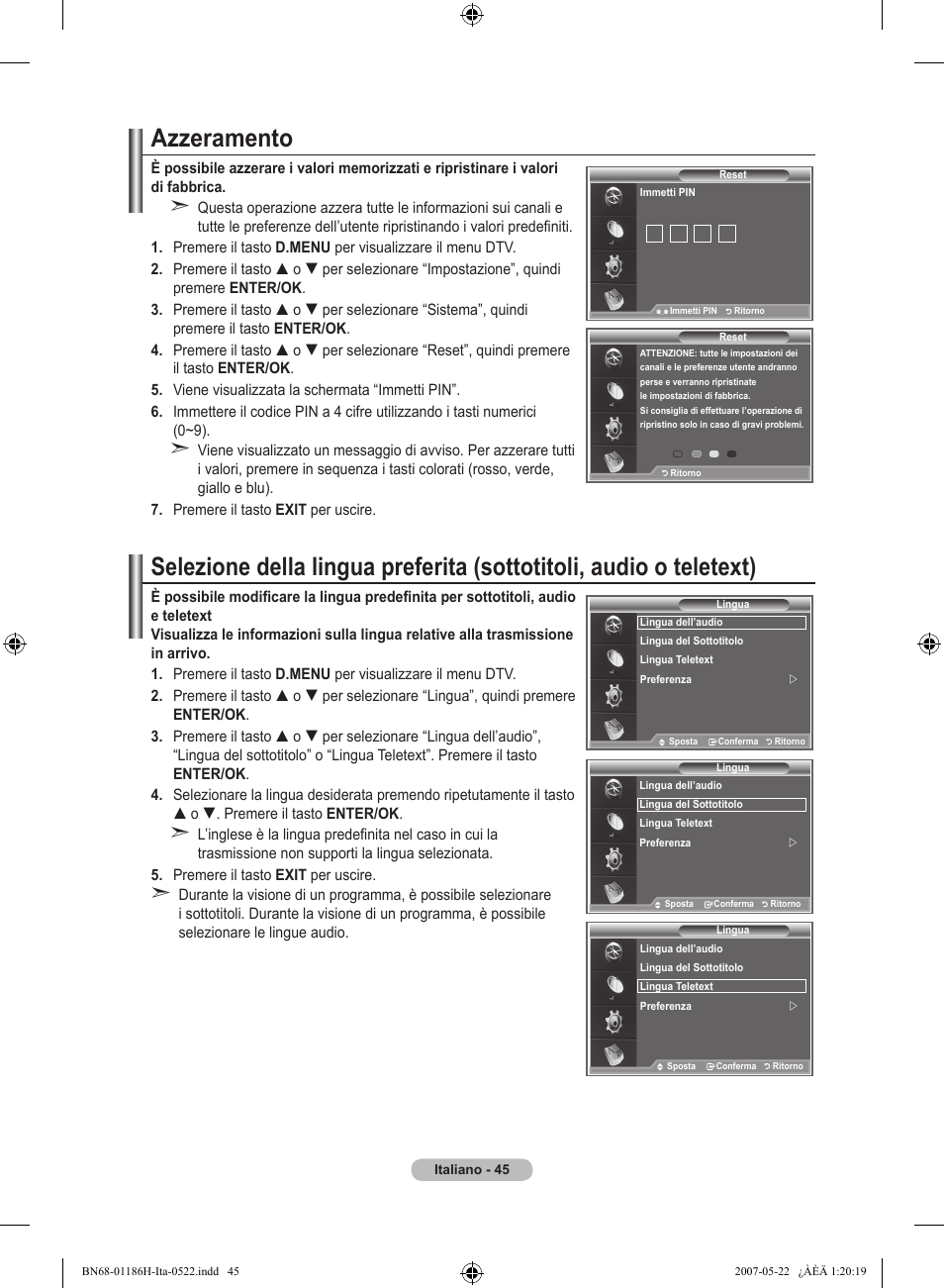 Azzeramento | Samsung LE32M87BD User Manual | Page 287 / 545