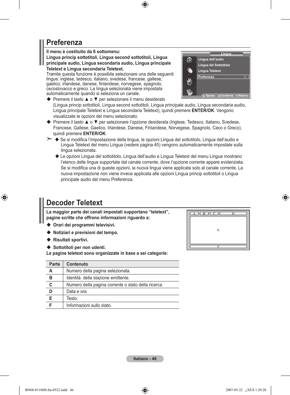 Preferenza, Decoder teletext | Samsung LE32M87BD User Manual | Page 288 / 545