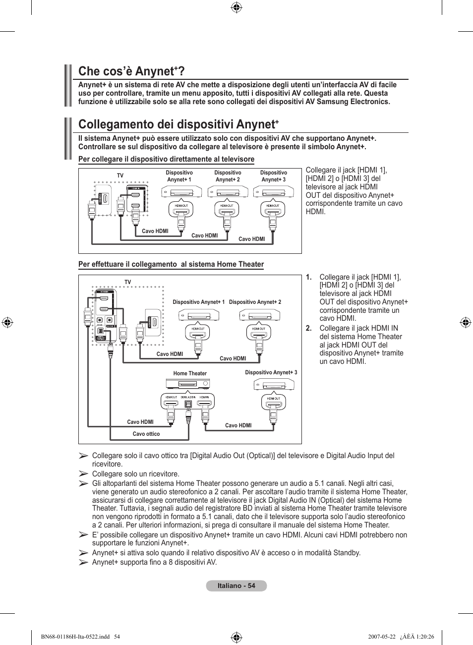 Collegamento dei dispositivi anynet, Che cos’è anynet | Samsung LE32M87BD User Manual | Page 296 / 545