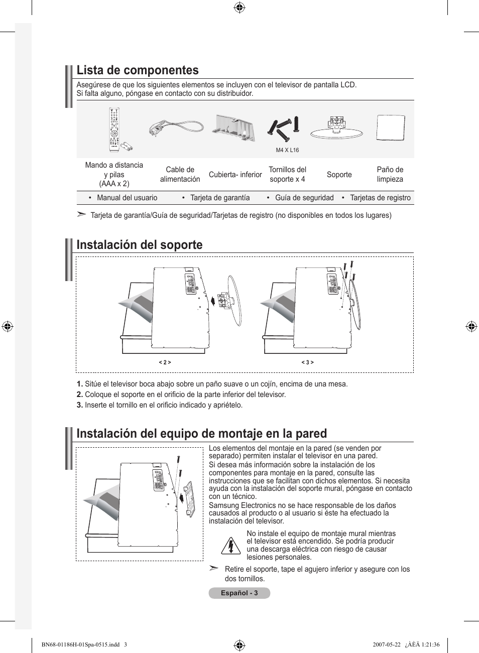 Lista de componentes, Instalación del soporte, Instalación del equipo de montaje en la pared | Samsung LE32M87BD User Manual | Page 307 / 545