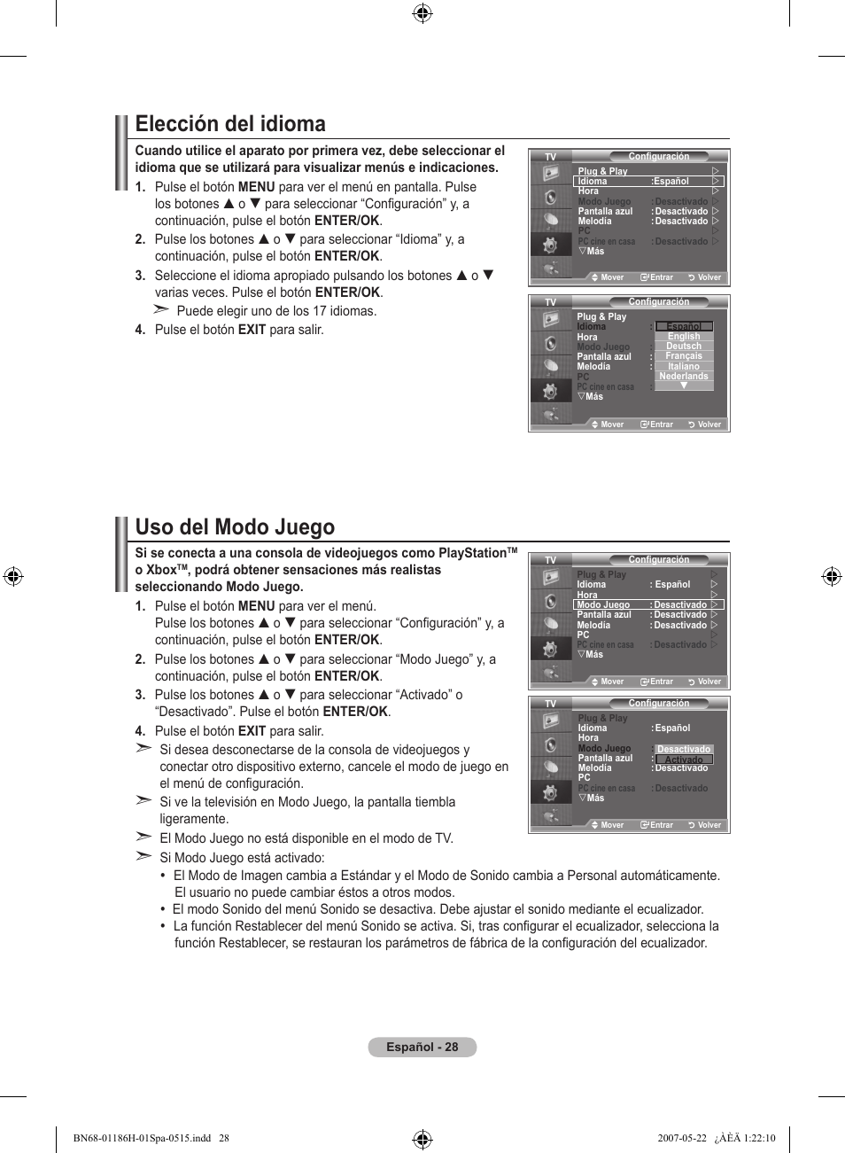 Elección del idioma, Uso del modo juego | Samsung LE32M87BD User Manual | Page 332 / 545