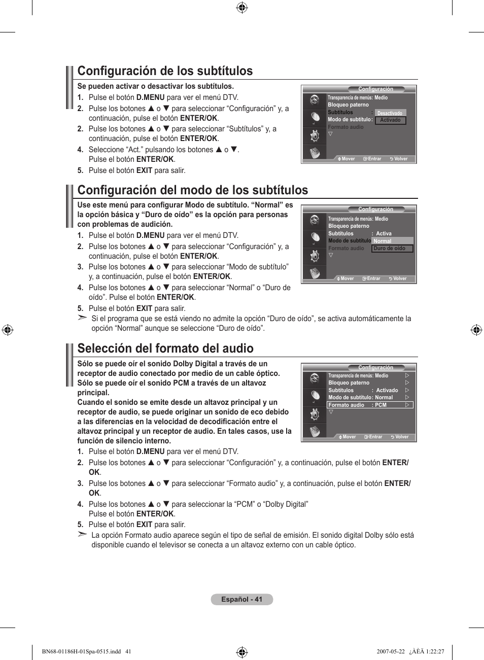 Configuración de los subtítulos, Configuración del modo de los subtítulos, Selección del formato del audio | Samsung LE32M87BD User Manual | Page 345 / 545