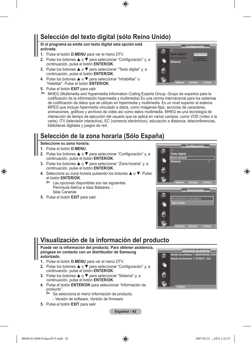 Selección del texto digital (sólo reino unido), Selección de la zona horaria (sólo españa), Visualización de la información del producto | Samsung LE32M87BD User Manual | Page 346 / 545