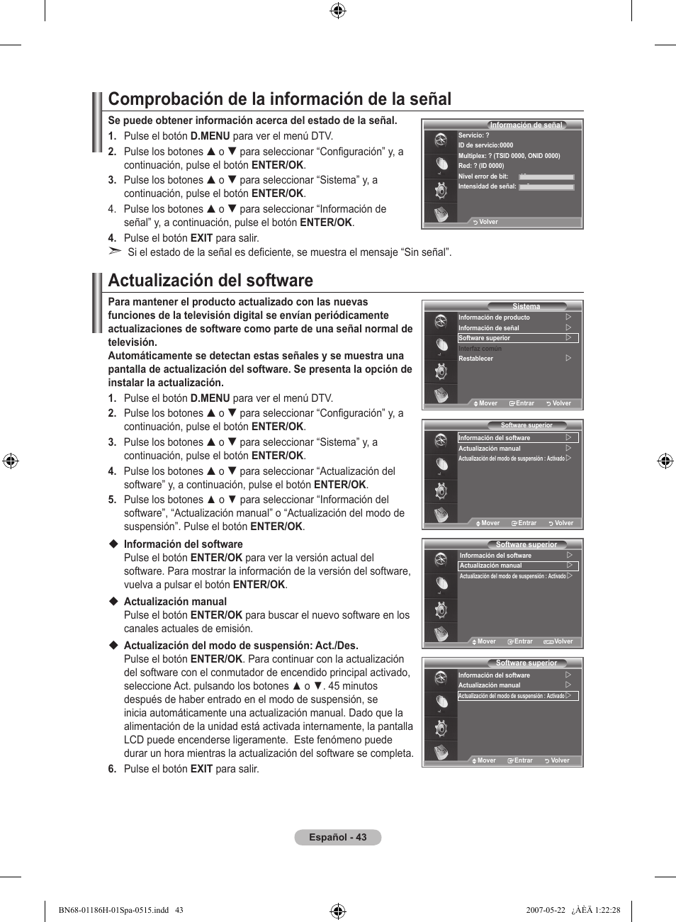 Comprobación de la información de la señal, Actualización del software | Samsung LE32M87BD User Manual | Page 347 / 545