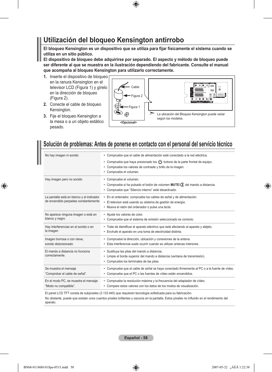 Utilización del bloqueo kensington antirrobo | Samsung LE32M87BD User Manual | Page 422 / 545