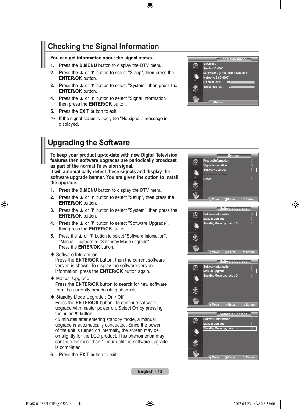 Checking the signal information, Upgrading the software | Samsung LE32M87BD User Manual | Page 45 / 545