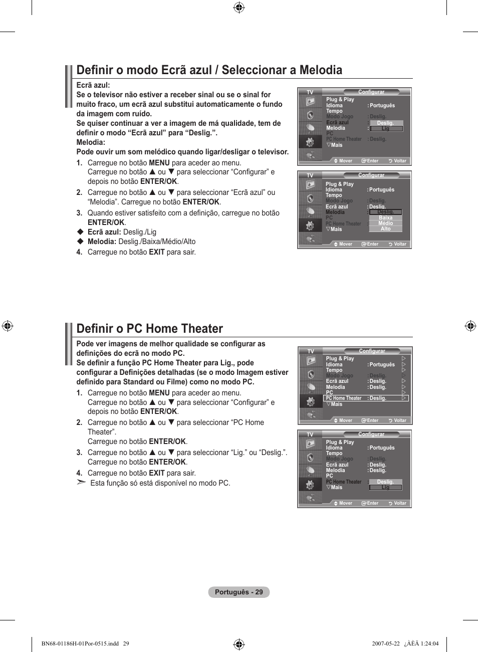 Definir o modo ecrã azul / seleccionar a melodia, Definir o pc home theater | Samsung LE32M87BD User Manual | Page 453 / 545