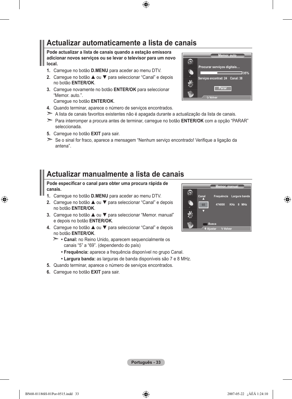 Actualizar automaticamente a lista de canais, Actualizar manualmente a lista de canais | Samsung LE32M87BD User Manual | Page 457 / 545