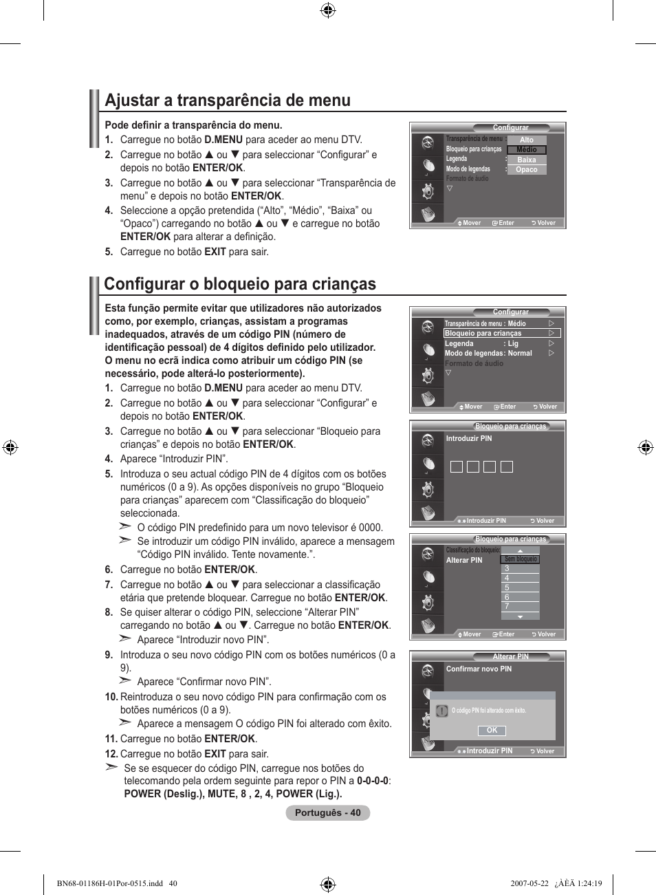 Configurar o bloqueio para crianças, Ajustar a transparência de menu | Samsung LE32M87BD User Manual | Page 464 / 545