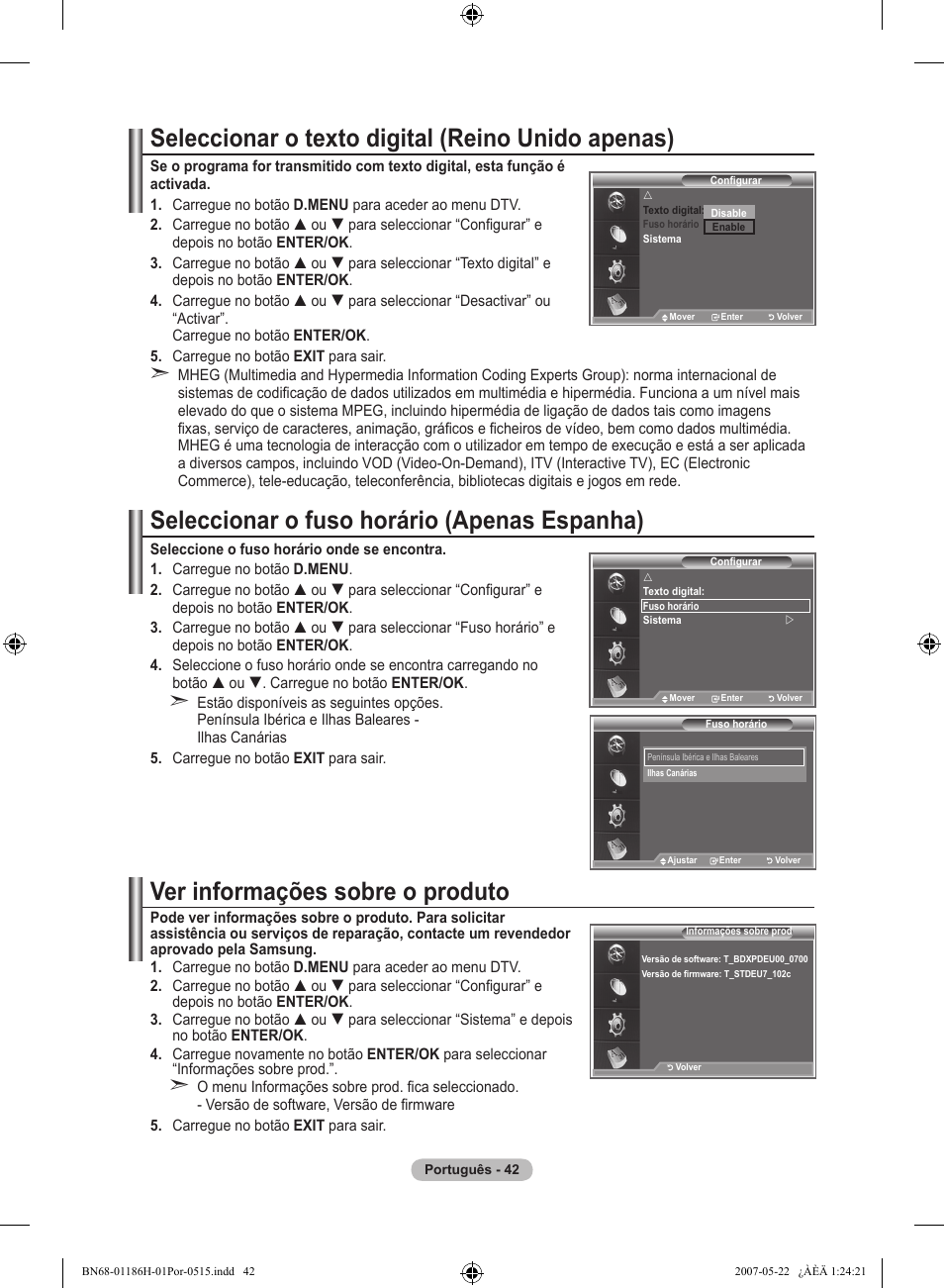 Seleccionar o texto digital (reino unido apenas), Seleccionar o fuso horário (apenas espanha), Ver informações sobre o produto | Samsung LE32M87BD User Manual | Page 466 / 545