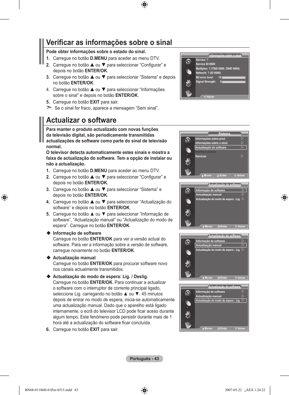 Verificar as informações sobre o sinal, Actualizar o software | Samsung LE32M87BD User Manual | Page 467 / 545