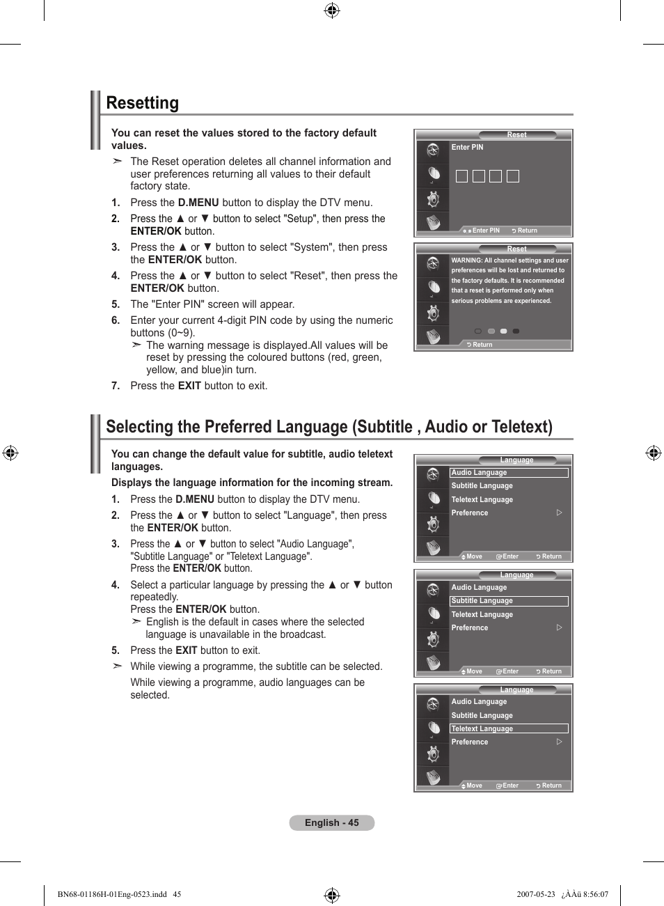 Resetting | Samsung LE32M87BD User Manual | Page 47 / 545