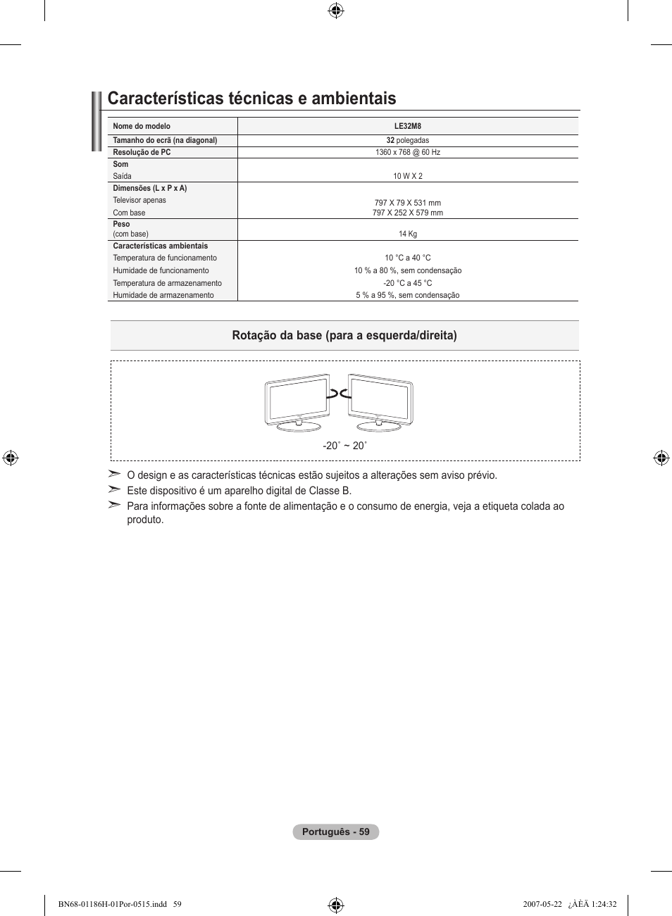 Características técnicas e ambientais, Rotação da base (para a esquerda/direita) | Samsung LE32M87BD User Manual | Page 483 / 545