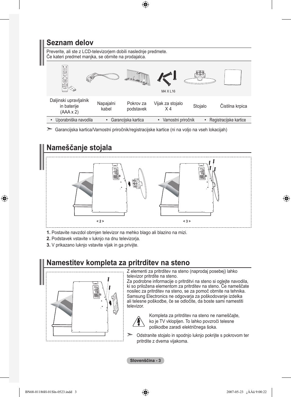 Seznam delov, Nameščanje stojala, Namestitev kompleta za pritrditev na steno | Samsung LE32M87BD User Manual | Page 487 / 545