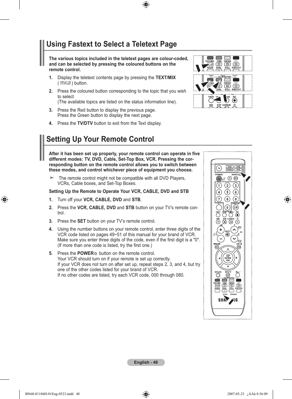 Setting up your remote control, Using fastext to select a teletext page | Samsung LE32M87BD User Manual | Page 50 / 545