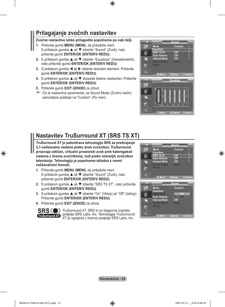 Prilagajanje zvočnih nastavitev, Nastavitev trusurround xt (srs ts xt) | Samsung LE32M87BD User Manual | Page 507 / 545