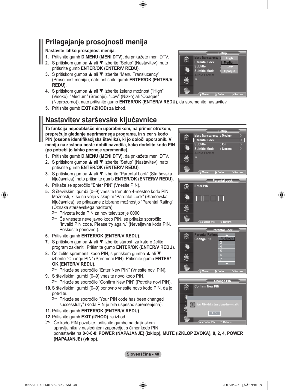 Prilagajanje prosojnosti menija, Nastavitev starševske ključavnice | Samsung LE32M87BD User Manual | Page 524 / 545