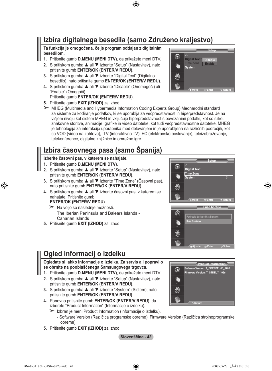 Izbira časovnega pasa (samo španija), Ogled informacij o izdelku | Samsung LE32M87BD User Manual | Page 526 / 545