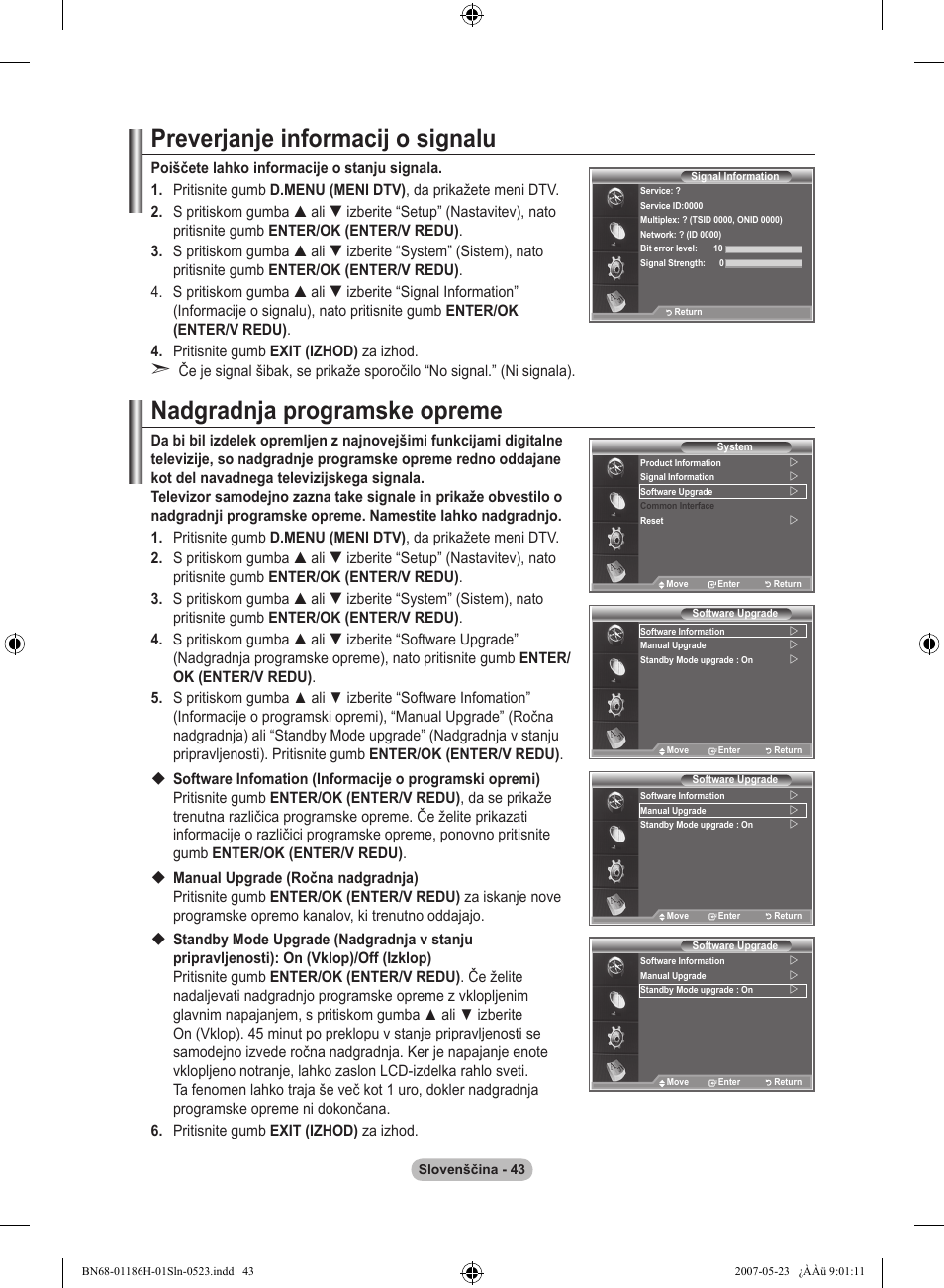 Preverjanje informacij o signalu, Nadgradnja programske opreme | Samsung LE32M87BD User Manual | Page 527 / 545