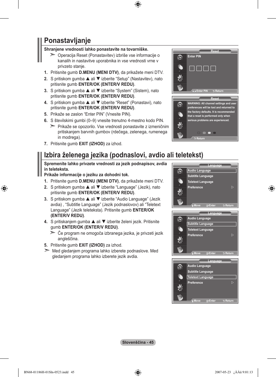 Ponastavljanje | Samsung LE32M87BD User Manual | Page 529 / 545