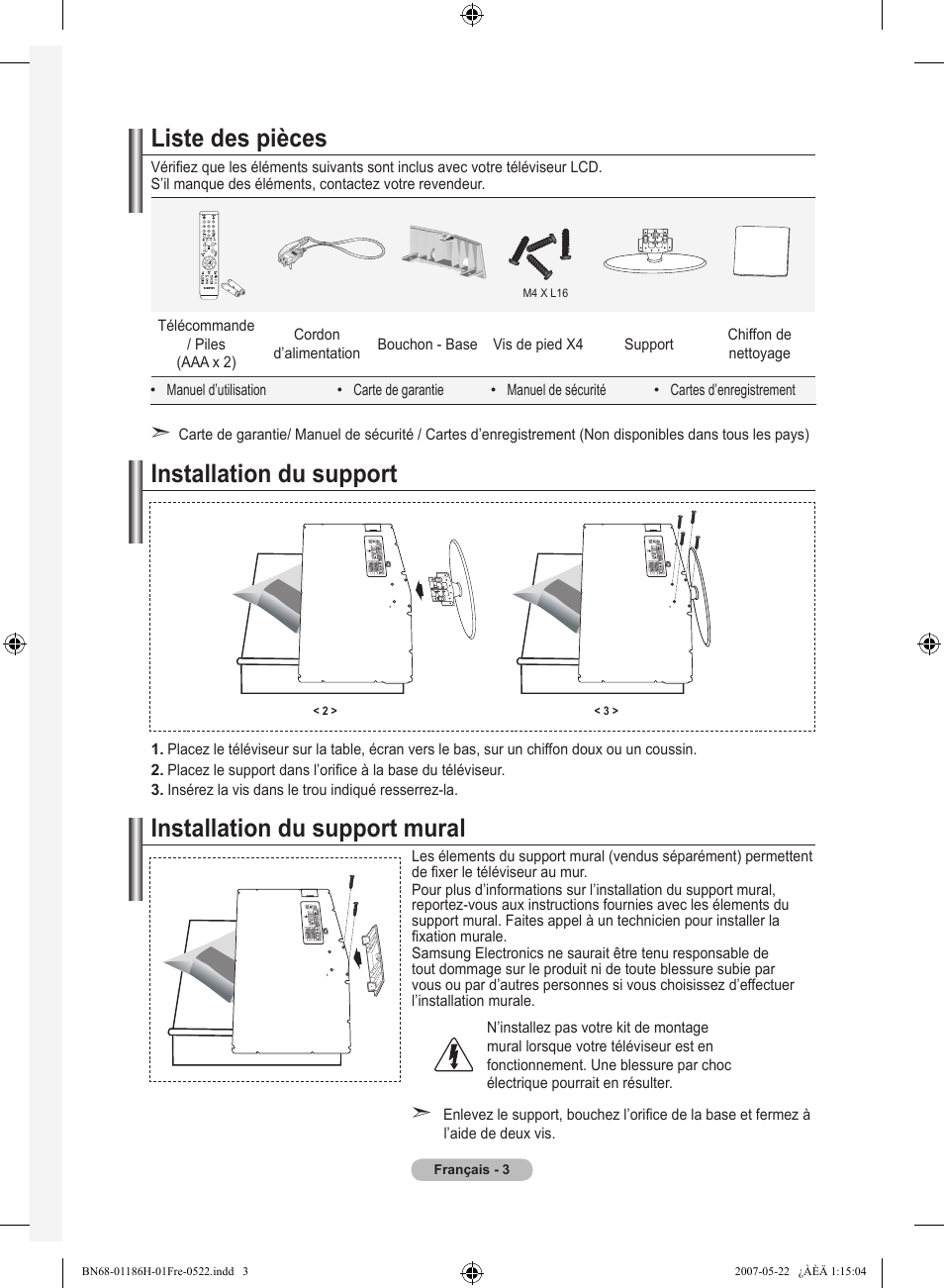 Liste des pièces, Installation du support, Installation du support mural | Samsung LE32M87BD User Manual | Page 65 / 545