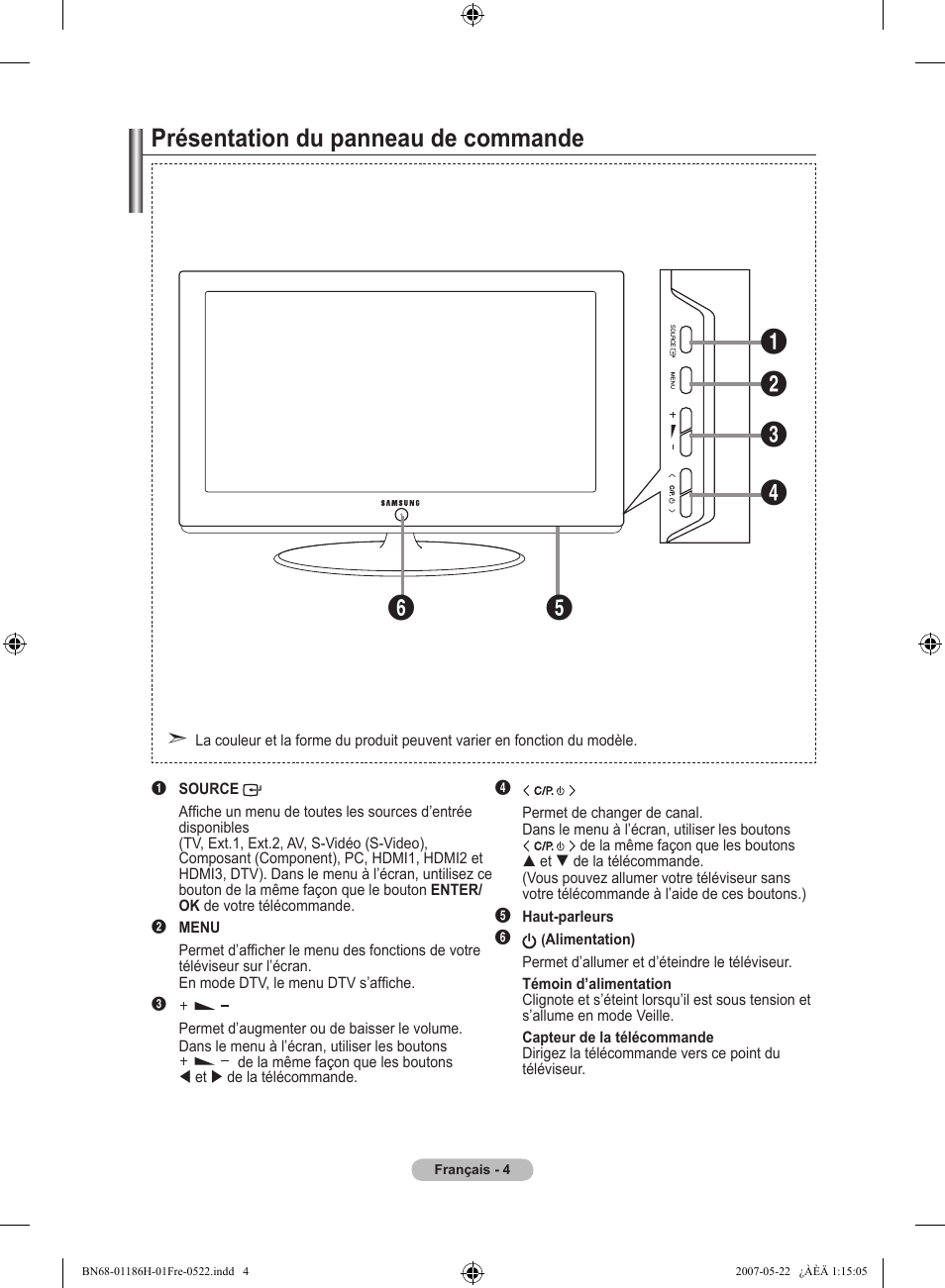 Présentation du panneau de commande | Samsung LE32M87BD User Manual | Page 66 / 545